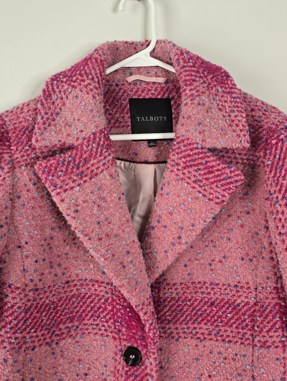 Talbots Confetti Pink Plaid Long Wool Blend Coat Jacket Size L Textured Tweed - Picture 4 of 15
